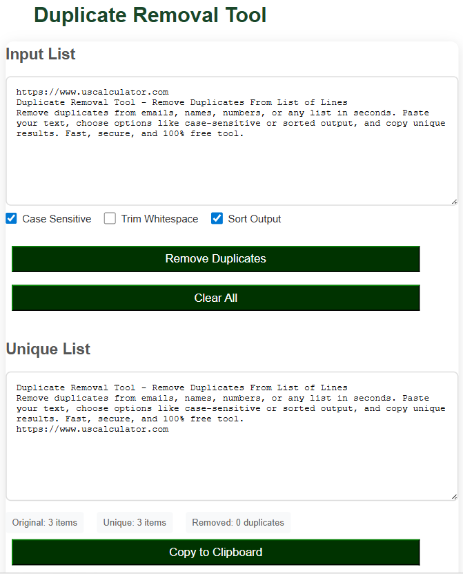 Duplicate Removal Tool - UScalculator.com